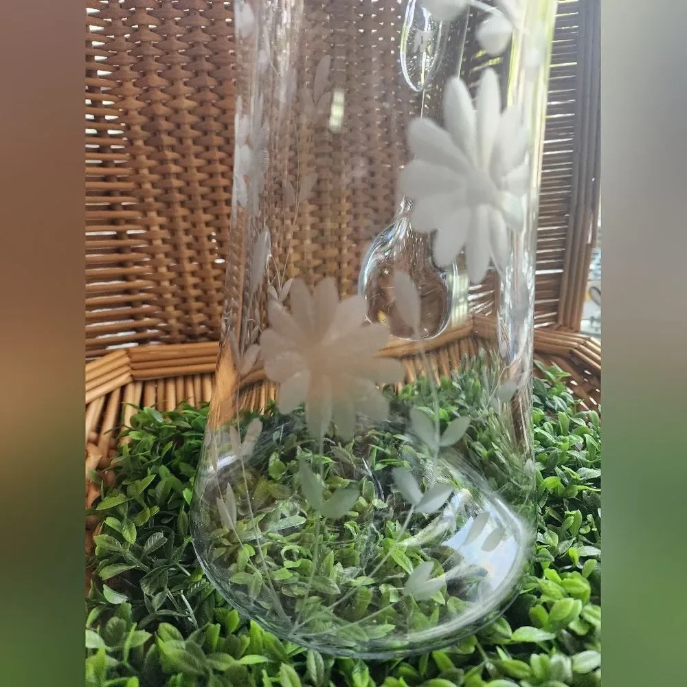 Vintage Etched Floral Pitcher Large